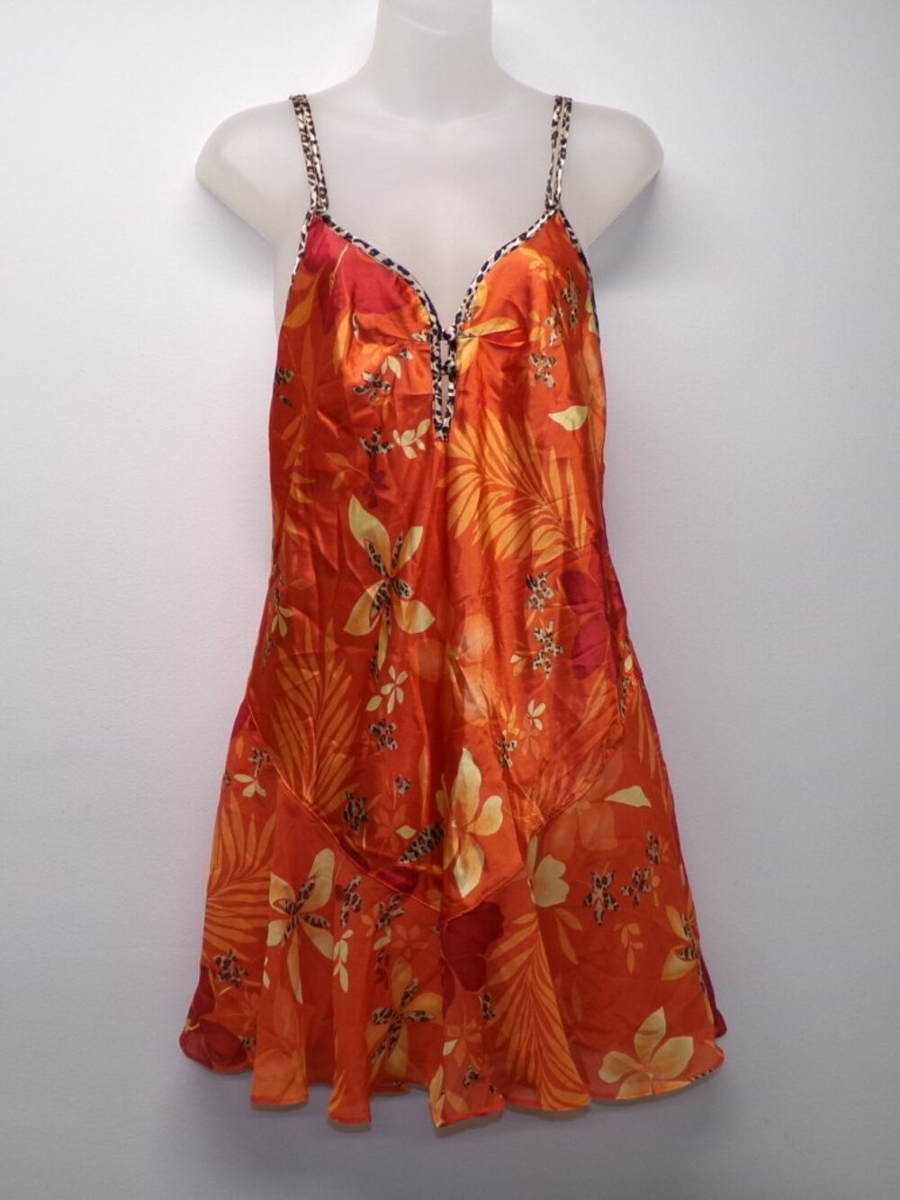 Vintage Secret Treasures Shiny Liquid Satin Orange Tropical Leopard Chemise Sz S